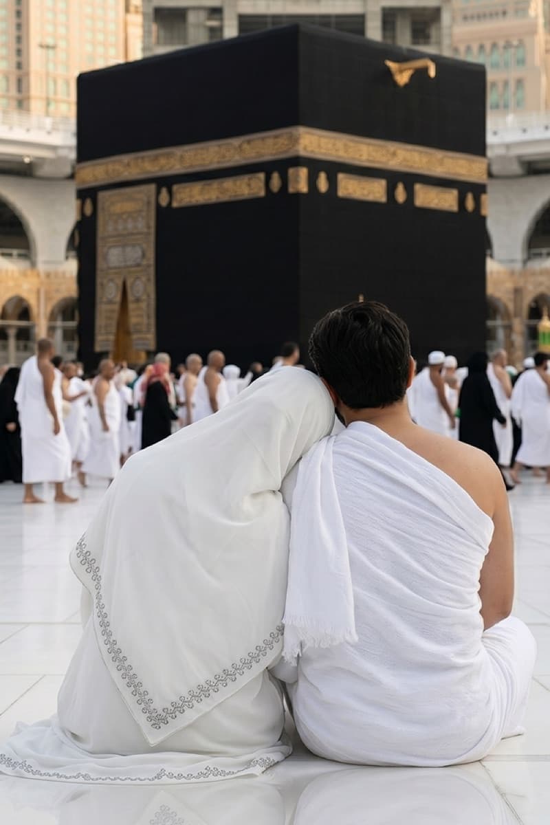 A couple sitting together before the Kaaba in Makkah, her head resting on his shoulder