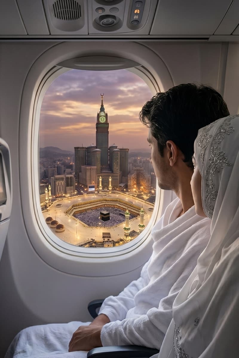 A couple in ihram looking out an airplane window at Makkah, the Kaaba and Clock Tower below
